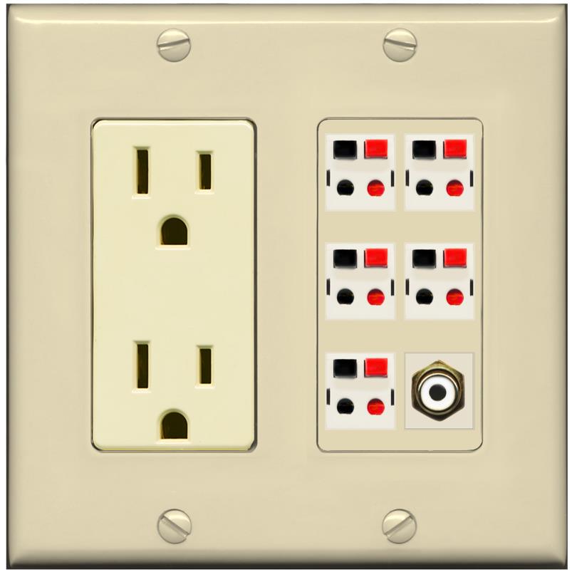 RiteAV 5 Port Speaker Wire Plug Jack Wall Plate with 1 RCA for Subwoofer - Outlet [Ivory/Ivory]
