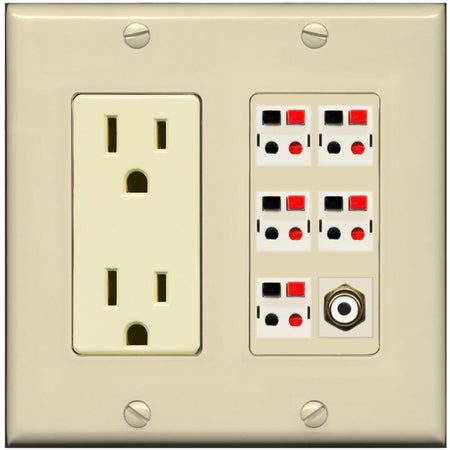 RiteAV 5 Port Speaker Wire Plug Jack Wall Plate with 1 RCA for Subwoofer - Outlet [Ivory/Ivory]