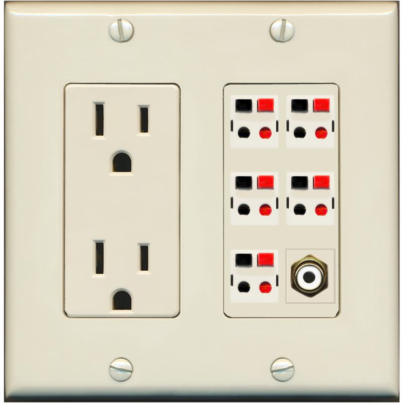 RiteAV 5 Port Speaker Wire Plug Jack Wall Plate with 1 RCA for Subwoofer - Outlet [Light-Almond]