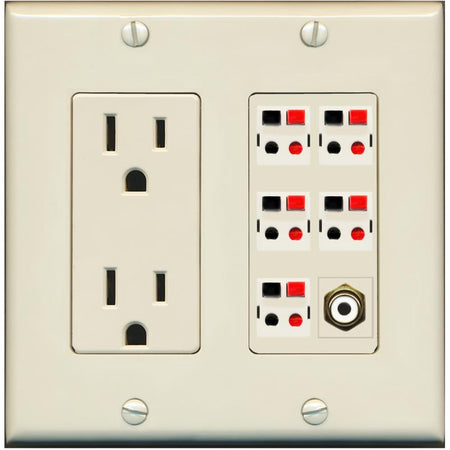 RiteAV 5 Port Speaker Wire Plug Jack Wall Plate with 1 RCA for Subwoofer - Outlet [Light-Almond]