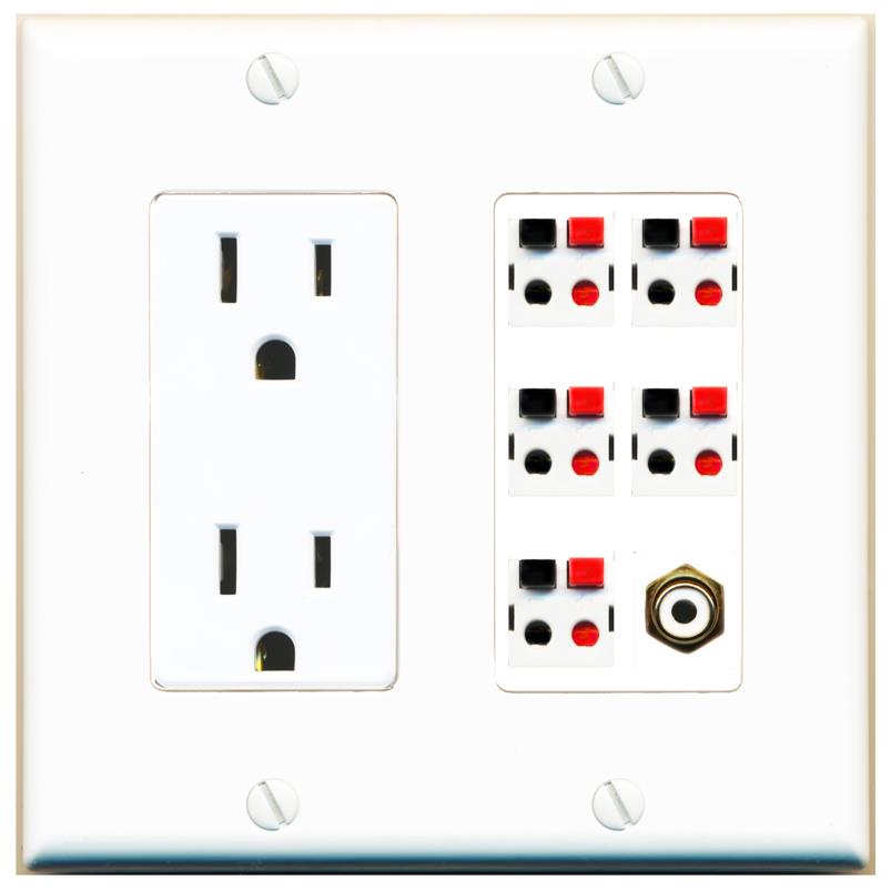 RiteAV 5 Port Speaker Wire Plug Jack Wall Plate with 1 RCA for Subwoofer - Outlet [White]