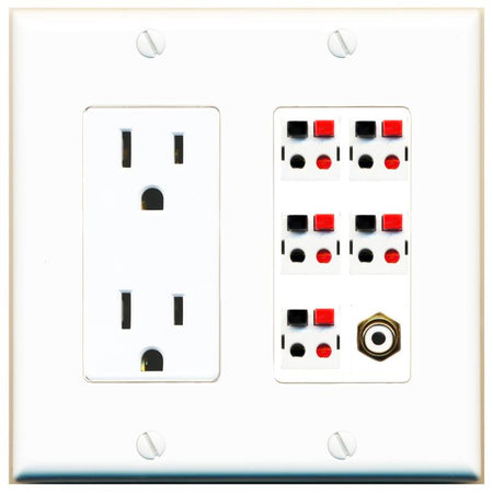 RiteAV 5 Port Speaker Wire Plug Jack Wall Plate with 1 RCA for Subwoofer - Outlet [White]