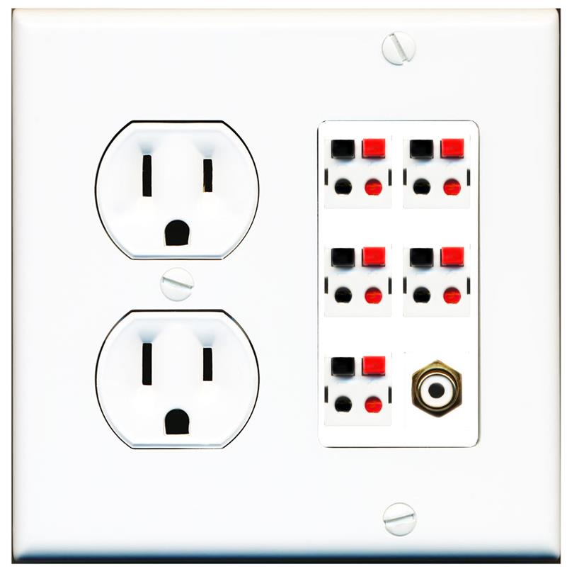 RiteAV 5 Port Speaker Wire Plug Jack Wall Plate with 1 RCA for Subwoofer - Round Outlet [White]