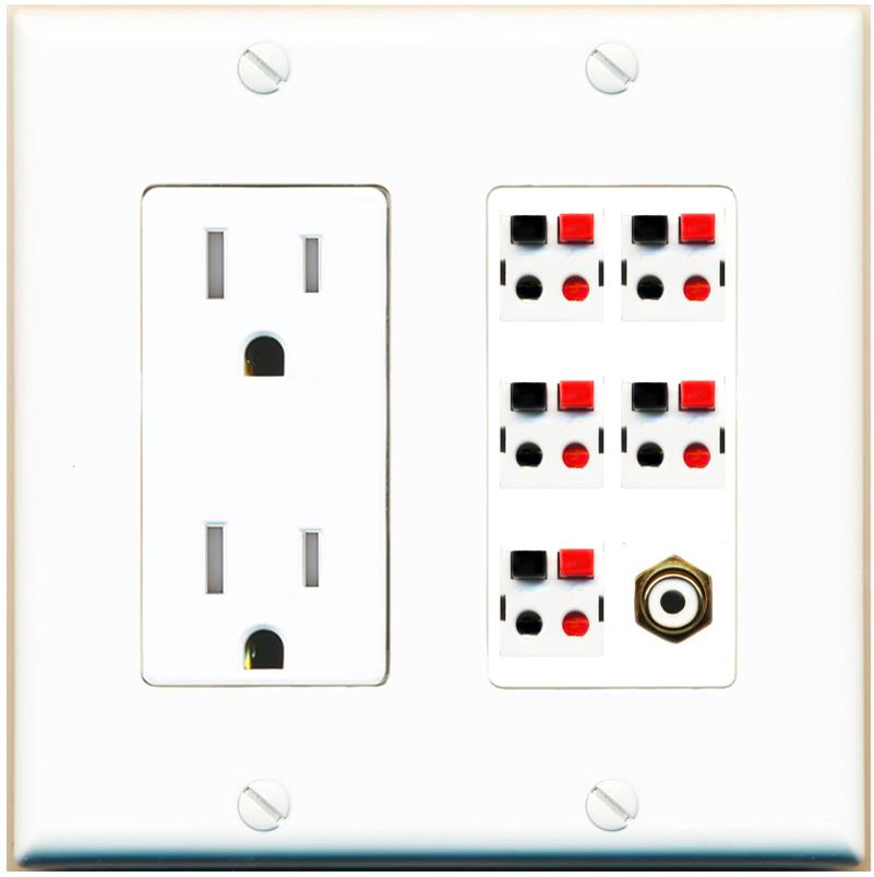 RiteAV 5 Port Speaker Wire Plug Jack Wall Plate with 1 RCA for Subwoofer - Tamper-Res [White]