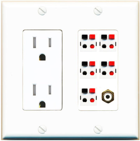 RiteAV 5 Port Speaker Wire Plug Jack Wall Plate with 1 RCA for Subwoofer - Tamper-Res [White]
