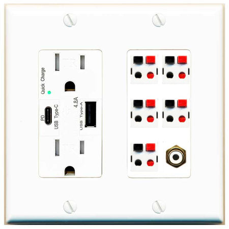RiteAV 5 Port Speaker Wire Plug Jack Wall Plate with 1 RCA for Subwoofer - USB AC Charger [White]