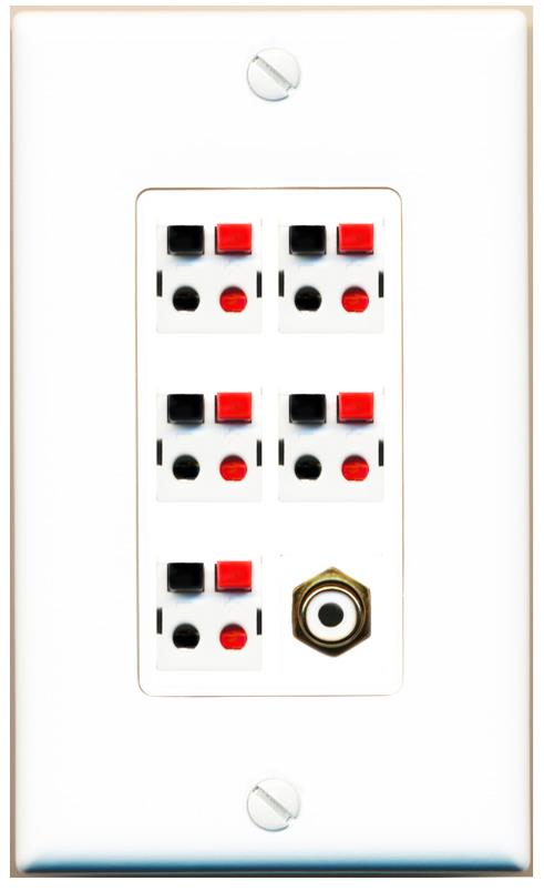 RiteAV 5 Port Speaker Wire Plug Jack Wall Plate with 1 RCA for Subwoofer - 1 Gang [White]