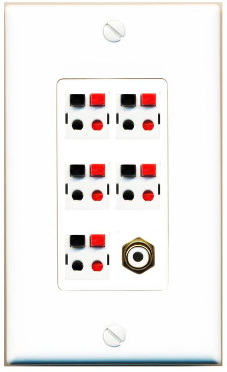 RiteAV 5 Port Speaker Wire Plug Jack Wall Plate with 1 RCA for Subwoofer - 1 Gang [White]