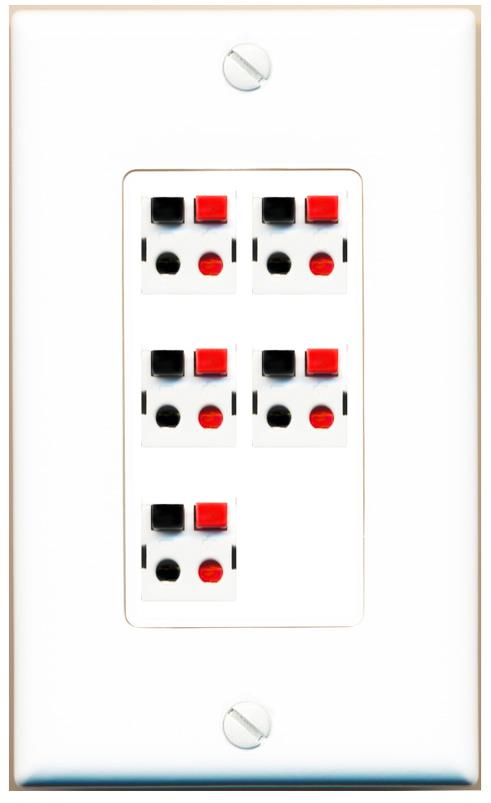 RiteAV 5 Port Speaker Wire Plug Jack Wall Plate - 1 Gang [White]