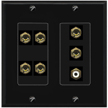 RiteAV 3.1 Speaker 6 Banana Binding Post Wall Plate with 1 x RCA - 2 Gang [Black/Black]