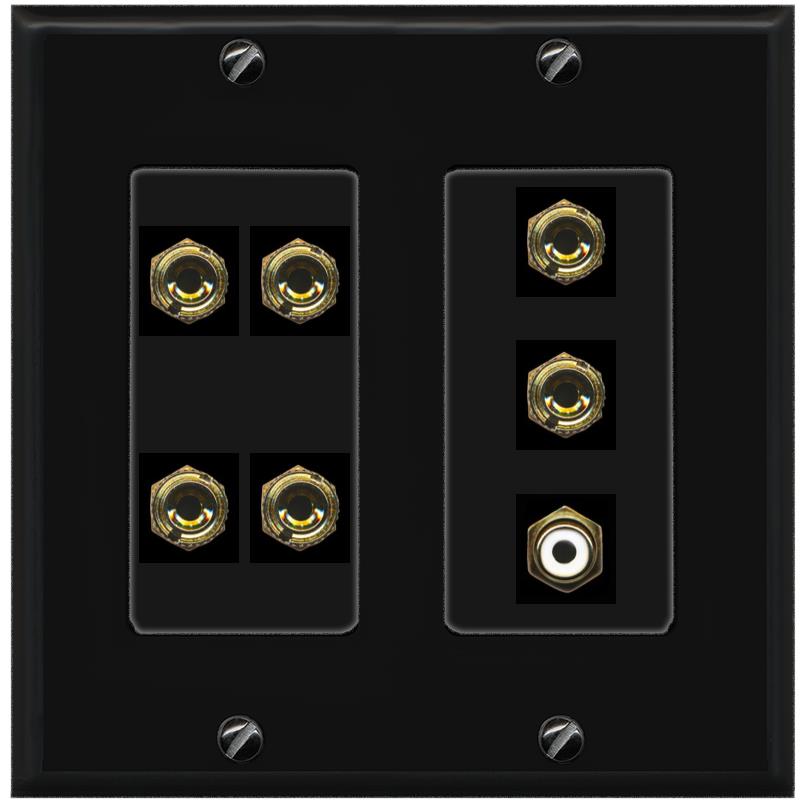 RiteAV 3.1 Speaker 6 Banana Binding Post Wall Plate with 1 x RCA - 2 Gang [Black/Black]