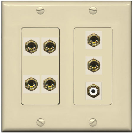 RiteAV 3.1 Speaker 6 Banana Binding Post Wall Plate with 1 x RCA - 2 Gang [Ivory/Ivory]