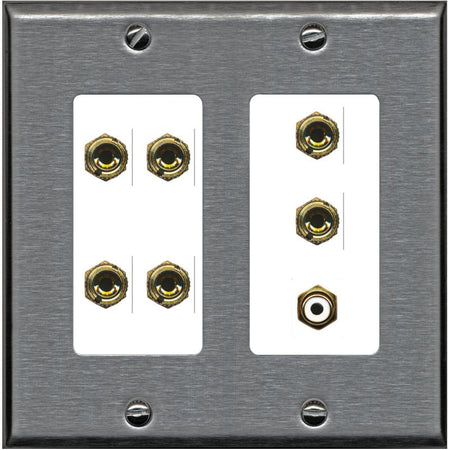 RiteAV 3.1 Speaker 6 Banana Binding Post Wall Plate with 1 x RCA - 2 Gang [Stainless/White]