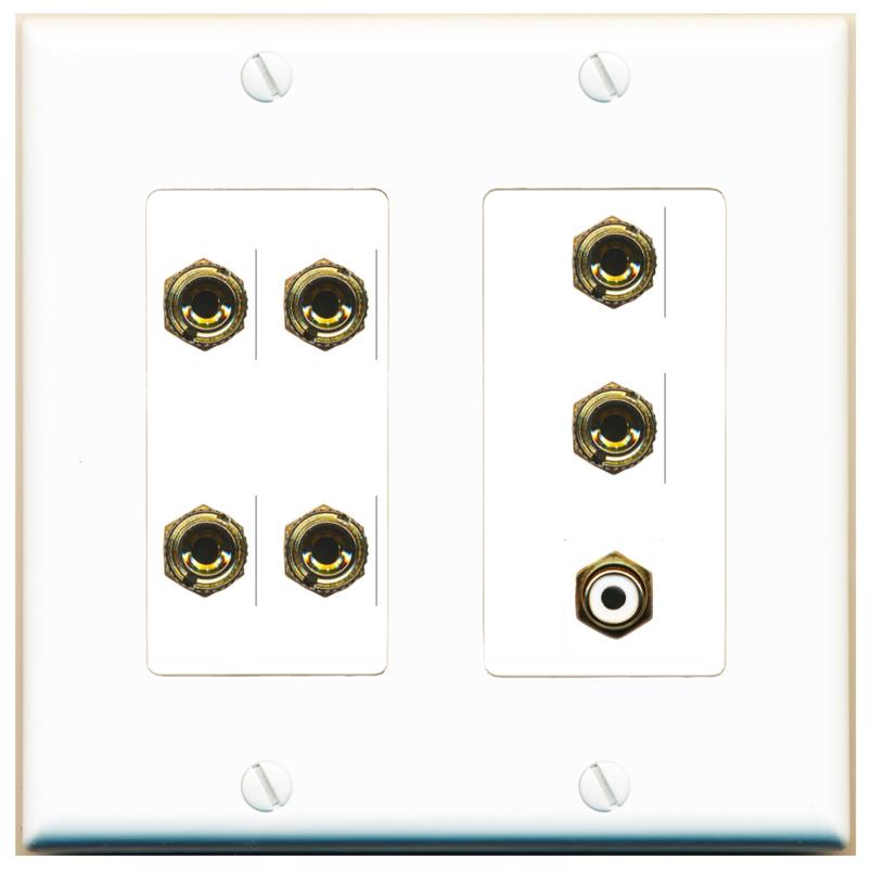 RiteAV 3.1 Speaker 6 Banana Binding Post Wall Plate with 1 x RCA - 2 Gang [White]
