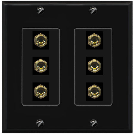 RiteAV 6 Banana 3 Speaker Surround Female Coupler Binding Post Wall Plate - 2 Gang [Black/Black]