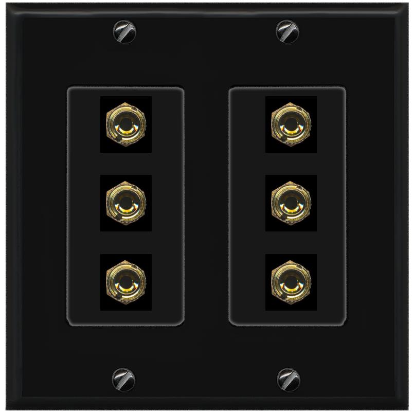 RiteAV 6 Banana 3 Speaker Surround Female Coupler Binding Post Wall Plate - 2 Gang [Black/Black]