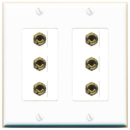 RiteAV 6 Banana 3 Speaker Surround Female Coupler Binding Post Wall Plate - 2 Gang [White]