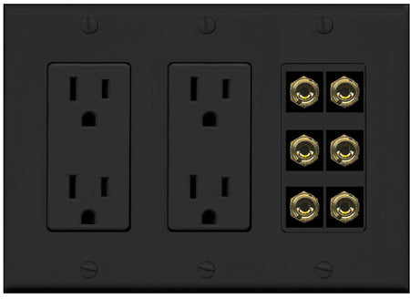 RiteAV 6 Banana 3 Speaker Surround Female Coupler Binding Post Wall Plate - 2 Outlet [Black/Black]