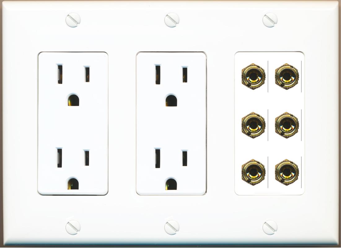 RiteAV 6 Banana 3 Speaker Surround Female Coupler Binding Post Wall Plate - 2 Outlet [White]