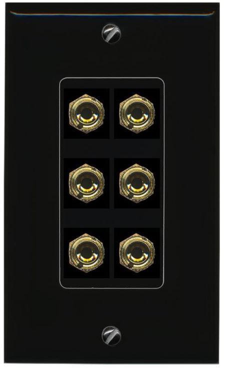 RiteAV 6 Banana 3 Speaker Surround Female Coupler Binding Post Wall Plate - 1 Gang [Black/Black]