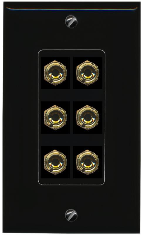 RiteAV 6 Banana 3 Speaker Surround Female Coupler Binding Post Wall Plate - 1 Gang [Black/Black]