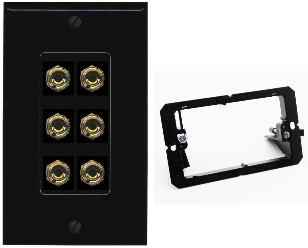 RiteAV 6 Banana 3 Speaker Surround Female Coupler Binding Post Wall Plate - Bracket [Black/Black]