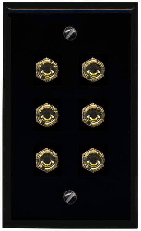 RiteAV 6 Banana 3 Speaker Surround Female Coupler Binding Post Wall Plate - Flat [Black/Black]