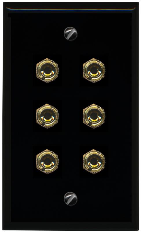 RiteAV 6 Banana 3 Speaker Surround Female Coupler Binding Post Wall Plate - Flat [Black/Black]