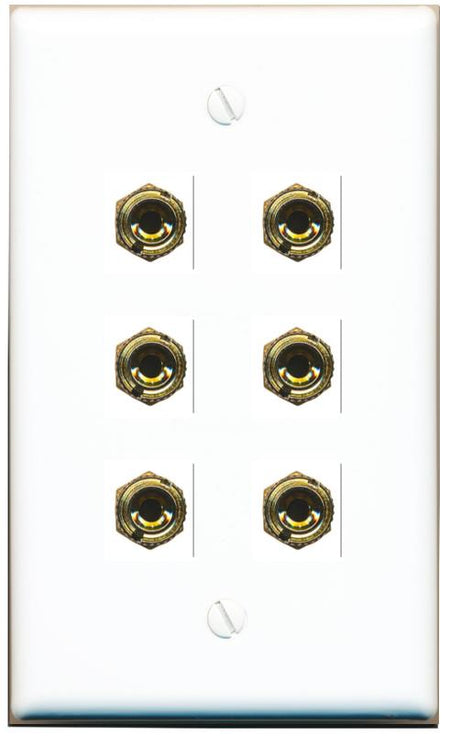 RiteAV 6 Banana 3 Speaker Surround Female Coupler Binding Post Wall Plate - Flat [White]