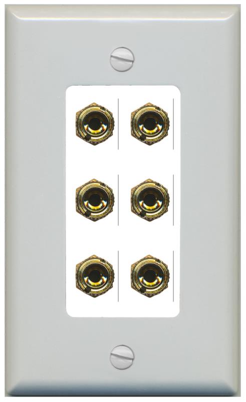 RiteAV 6 Banana 3 Speaker Surround Female Coupler Binding Post Wall Plate - 1 Gang [Gray/White]