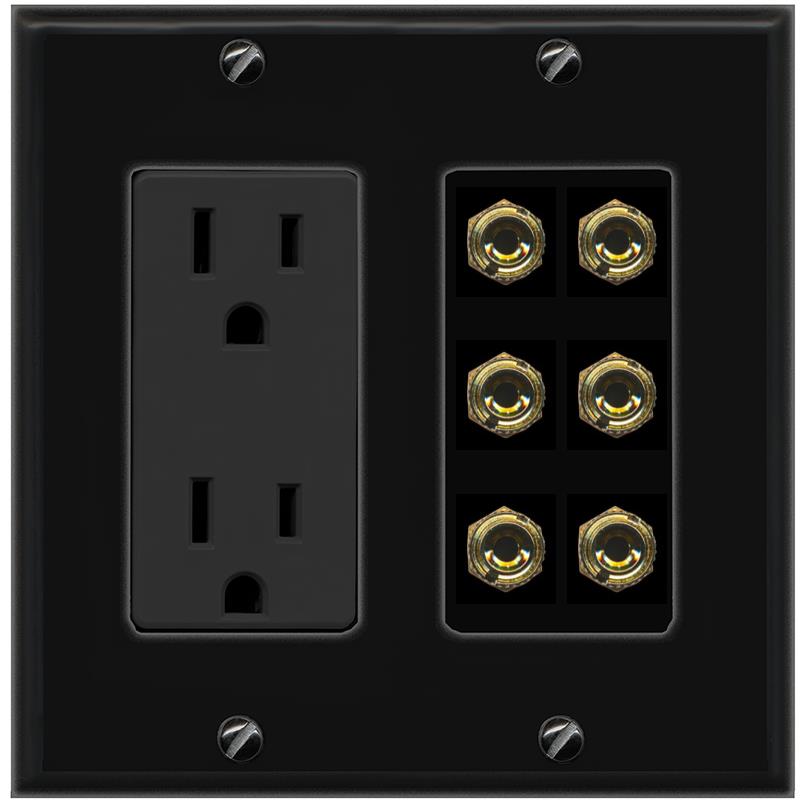 RiteAV 6 Banana 3 Speaker Surround Female Coupler Binding Post Wall Plate - Outlet [Black/Black]