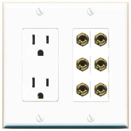 RiteAV 6 Banana 3 Speaker Surround Female Coupler Binding Post Wall Plate - Outlet [White]