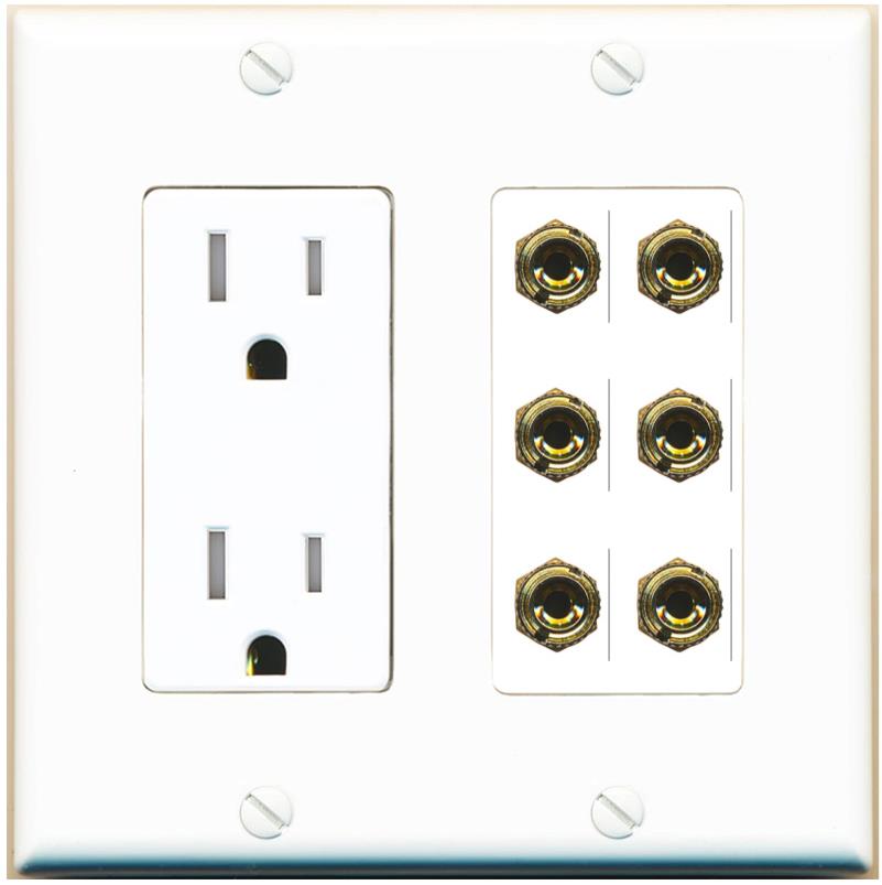 RiteAV 6 Banana 3 Speaker Surround Female Coupler Binding Post Wall Plate - Tamper-Res [White]