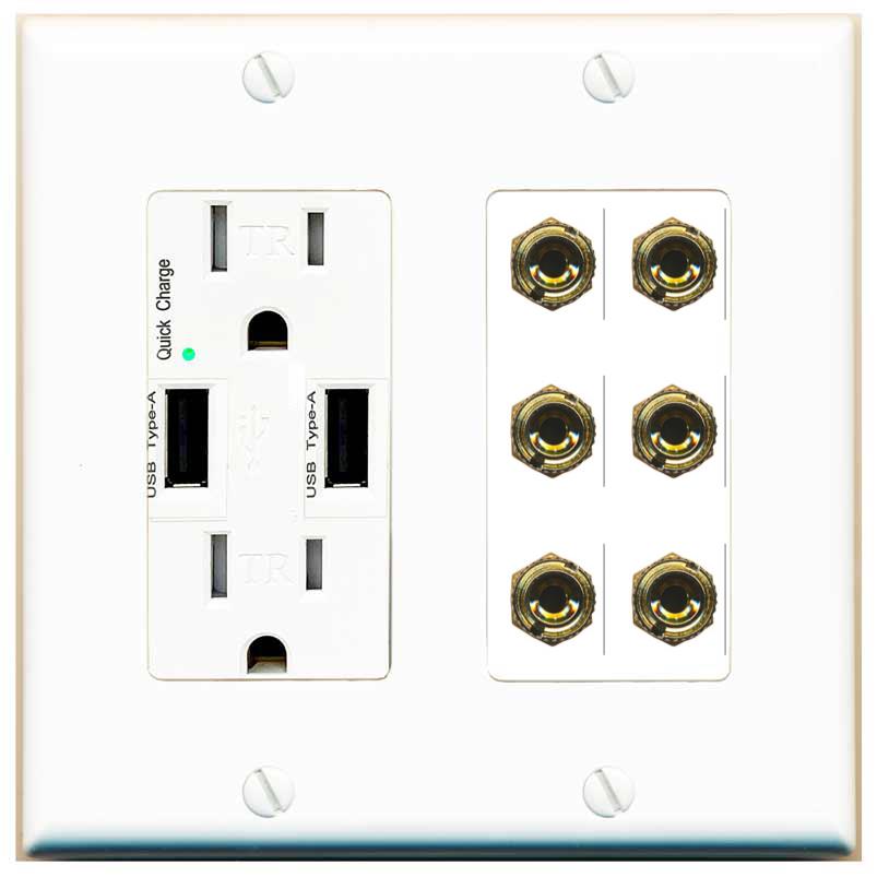 RiteAV 6 Banana 3 Speaker Surround Female Coupler Binding Post Wall Plate - USB Charger [White]