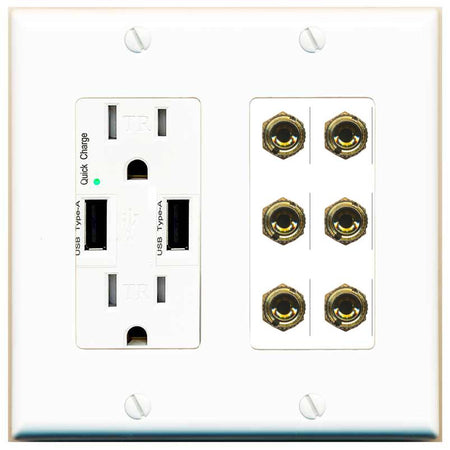 RiteAV 6 Banana 3 Speaker Surround Female Coupler Binding Post Wall Plate - USB Charger [White]