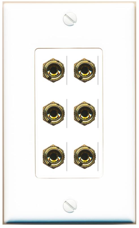 RiteAV 6 Banana 3 Speaker Surround Female Coupler Binding Post Wall Plate - 1 Gang [White]