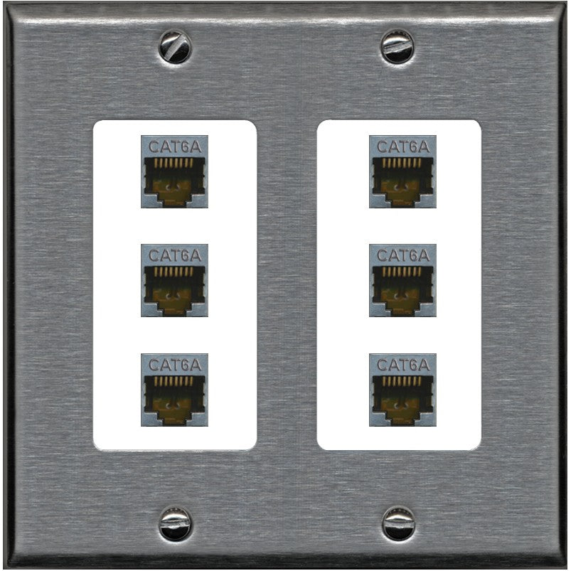 RiteAV - 6 Port Cat6A Ethernet Wall Plate - 2 Gang [Stainless/White]