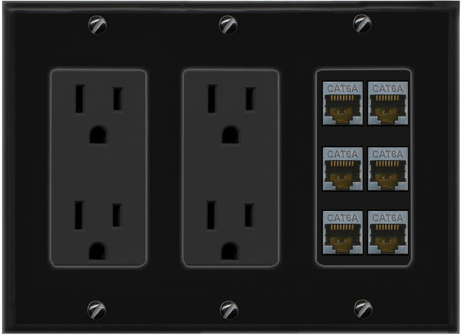 RiteAV - 6 Port Cat6A Ethernet Wall Plate - 3 Gang 2 Outlet [Black/Black]