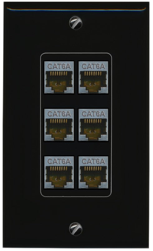 RiteAV - 6 Port Cat6A Ethernet Wall Plate - 1 Gang Decorative [Black/Black]