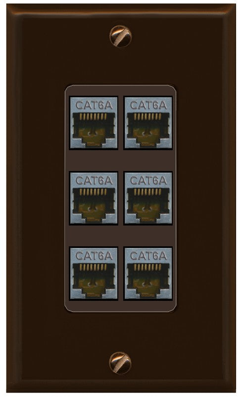 RiteAV - 6 Port Cat6A Ethernet Wall Plate - 1 Gang Decorative [Brown/Brown]