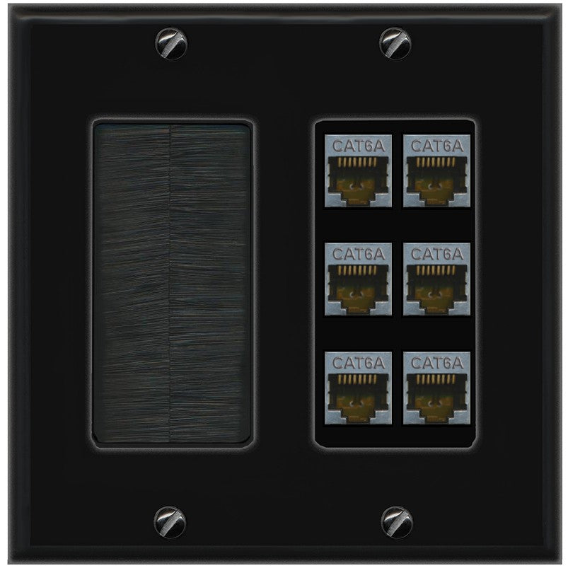 RiteAV - 6 Port Cat6A Ethernet Wall Plate - Brush [Black/Black]