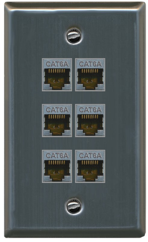 RiteAV - 6 Port Cat6A Ethernet Wall Plate - Flat Style [Stainless Steel]