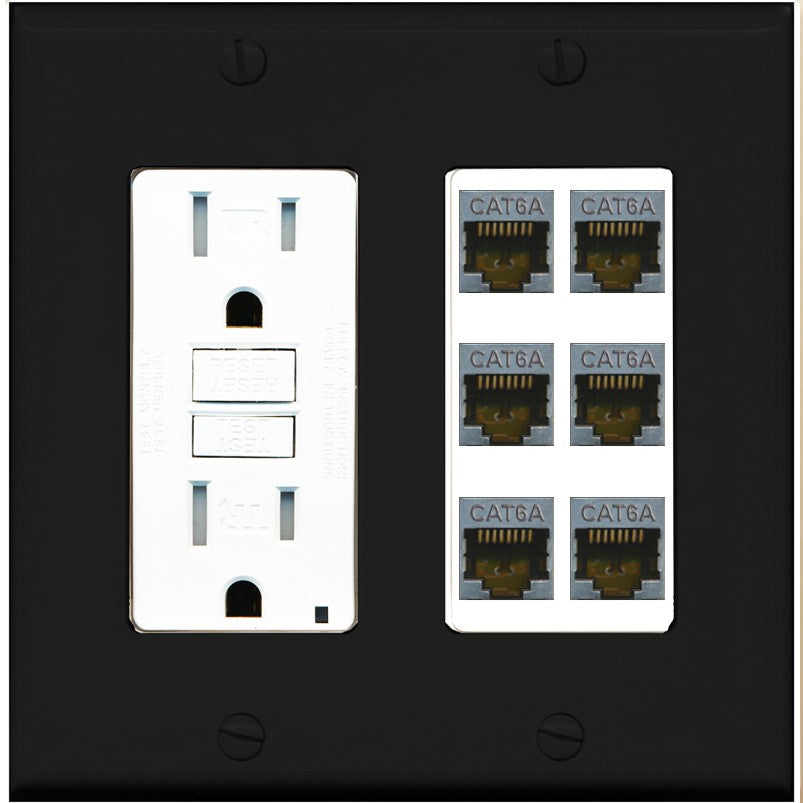 RiteAV - 6 Port Cat6A Ethernet Wall Plate - GFCI Outlet [Black/White]