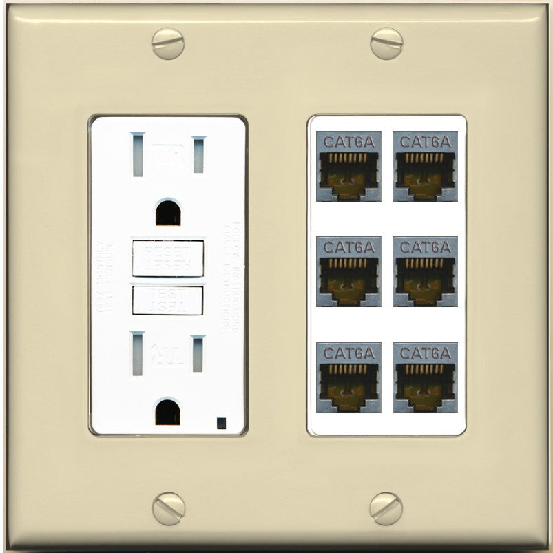 RiteAV - 6 Port Cat6A Ethernet Wall Plate - GFCI Outlet [Ivory/White]