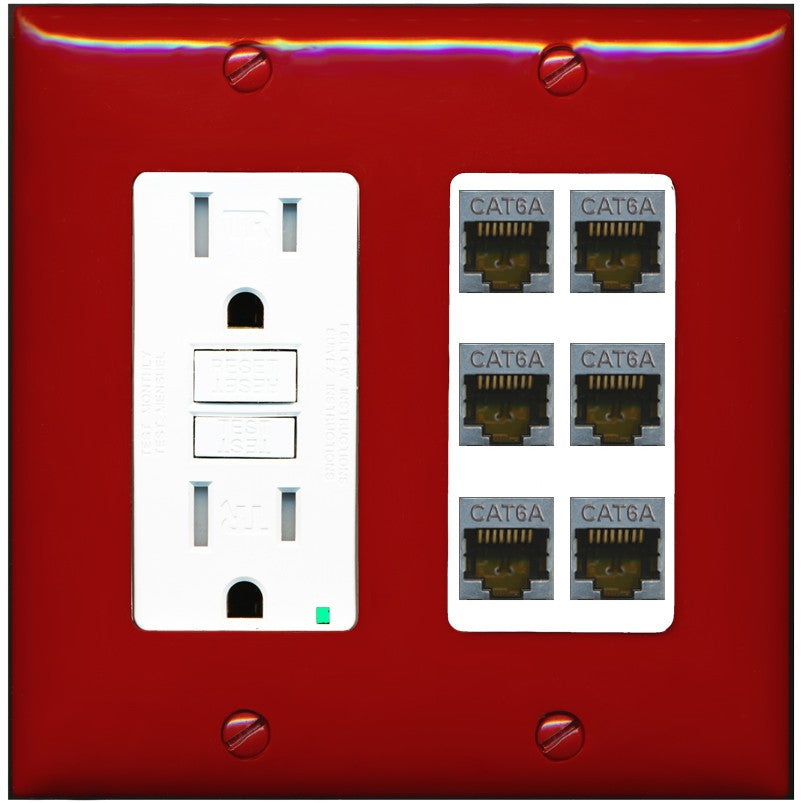 RiteAV - 6 Port Cat6A Ethernet Wall Plate - GFCI Outlet [Red/White]