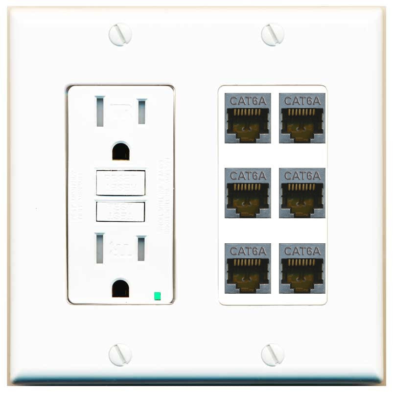RiteAV - 6 Port Cat6A Ethernet Wall Plate - GFCI Outlet [White]
