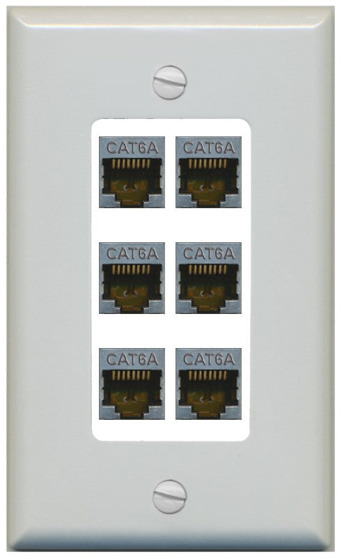 RiteAV - 6 Port Cat6A Ethernet Wall Plate - 1 Gang Decorative [Gray/White]