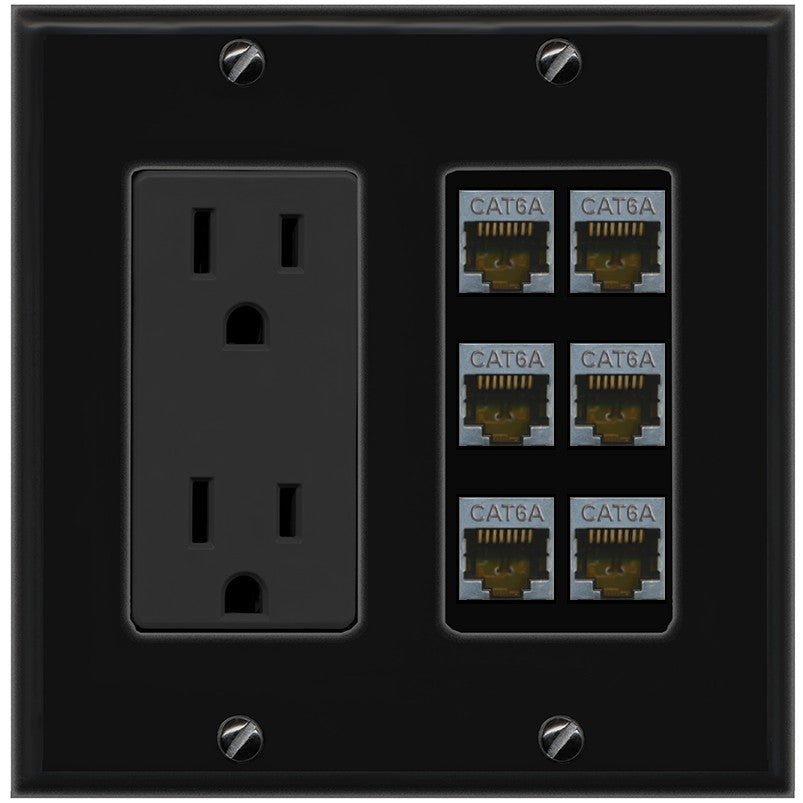 RiteAV - 6 Port Cat6A Ethernet Wall Plate - Outlet [Black/Black]