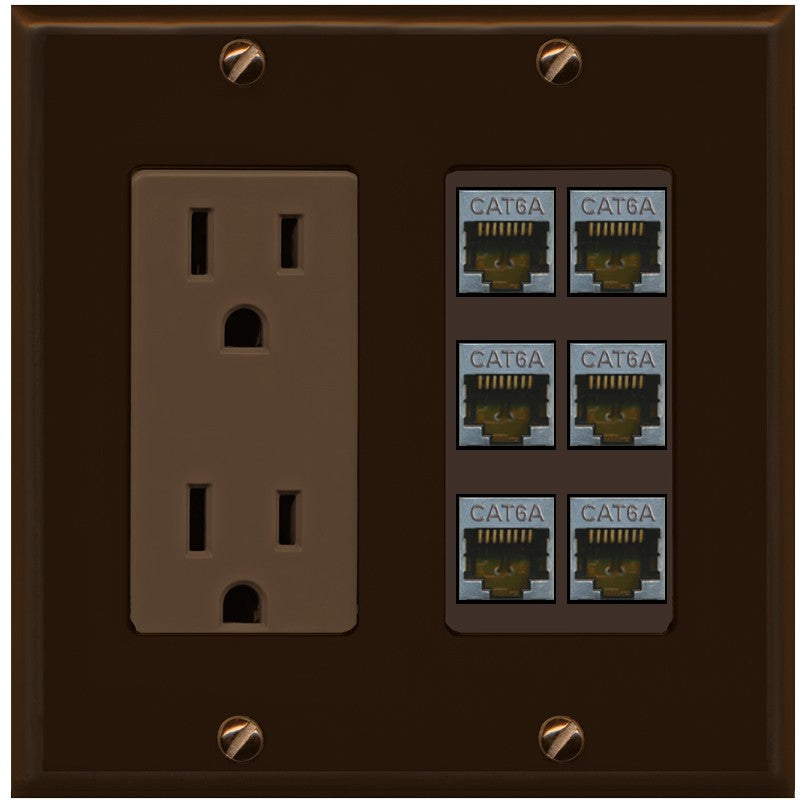 RiteAV - 6 Port Cat6A Ethernet Wall Plate - Outlet [Brown/Brown]