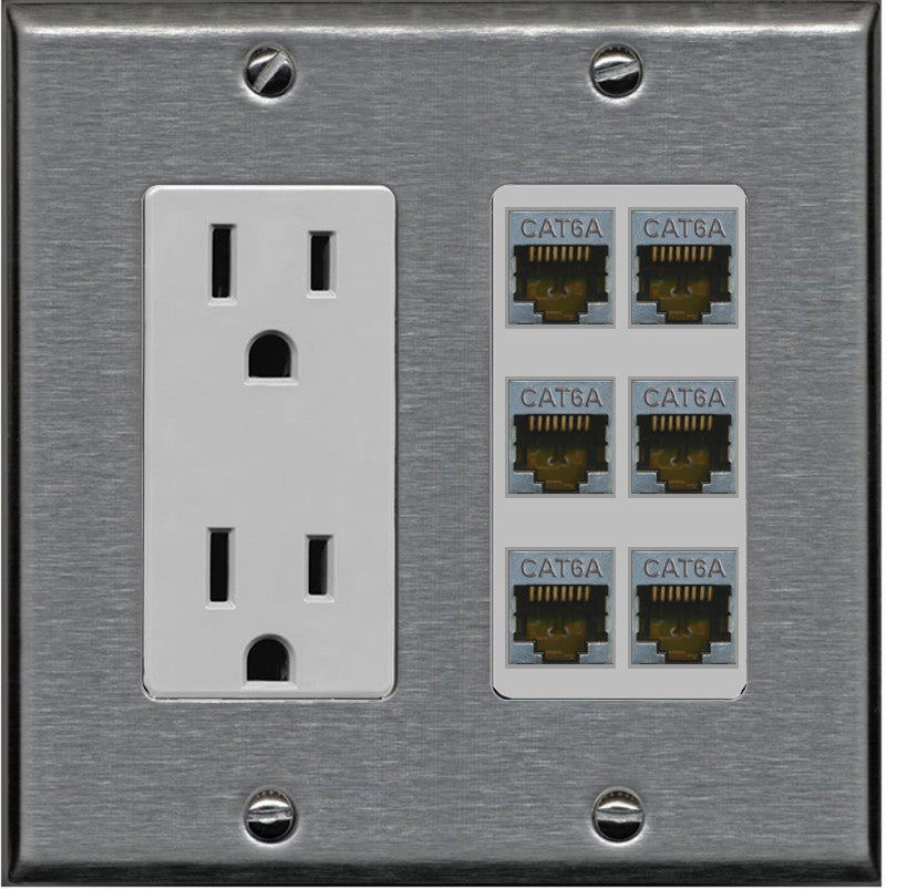 RiteAV - 6 Port Cat6A Ethernet Wall Plate - Outlet [Stainless/Gray]